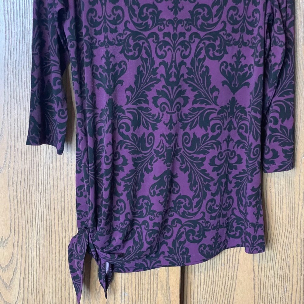 SUSAN GRAVER PURPLE & BLACK WOMEN’S TOP SIZE M SIDE KNOT 3/4 SLEEVES - Picture 2 of 5